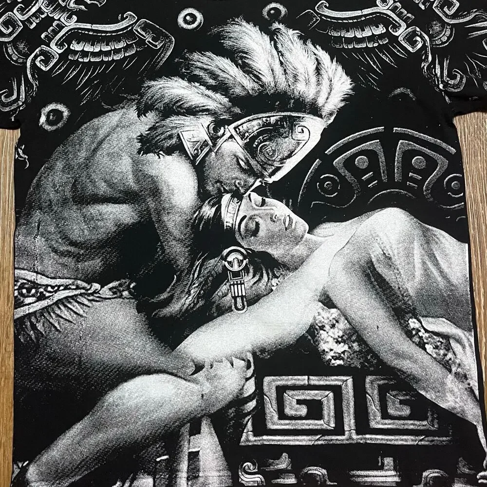 Vtg Aztec Warrior All Over Print Graphic Tee L Yazbek Black White Mayan Y2K Art - Picture 2 of 5